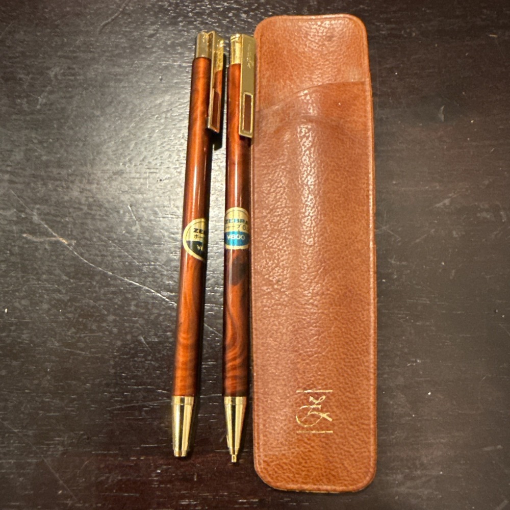 Vintage Zebra Japan Faux Wood Ballpoint Pen Mechanical Pencil Set Leather Case